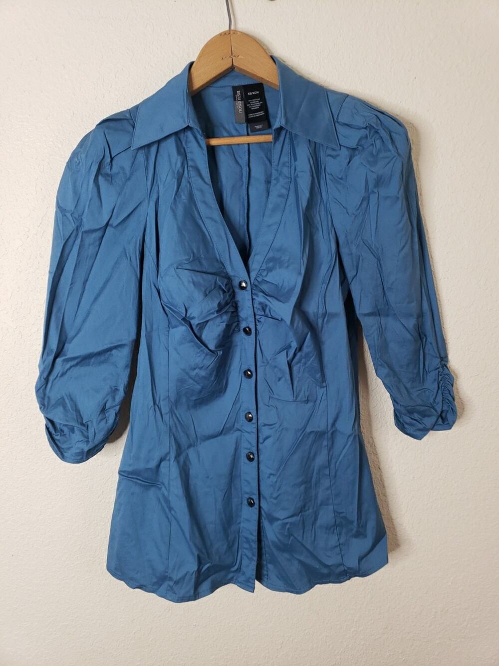 BISOU BISOU Green Blue FLORAL SHEER 1/2 SLEEVE Button Up SIZE XS Top blouse